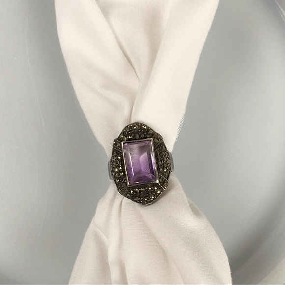 Vtg Sterling Silver Fine Marcasite Amethyst Ring ~ Vintage Cocktail Statement - Picture 9 of 14